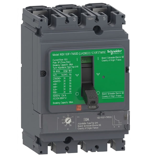 50A, 3P, 36kA, MCCB (Adjustable type Trip Unit)